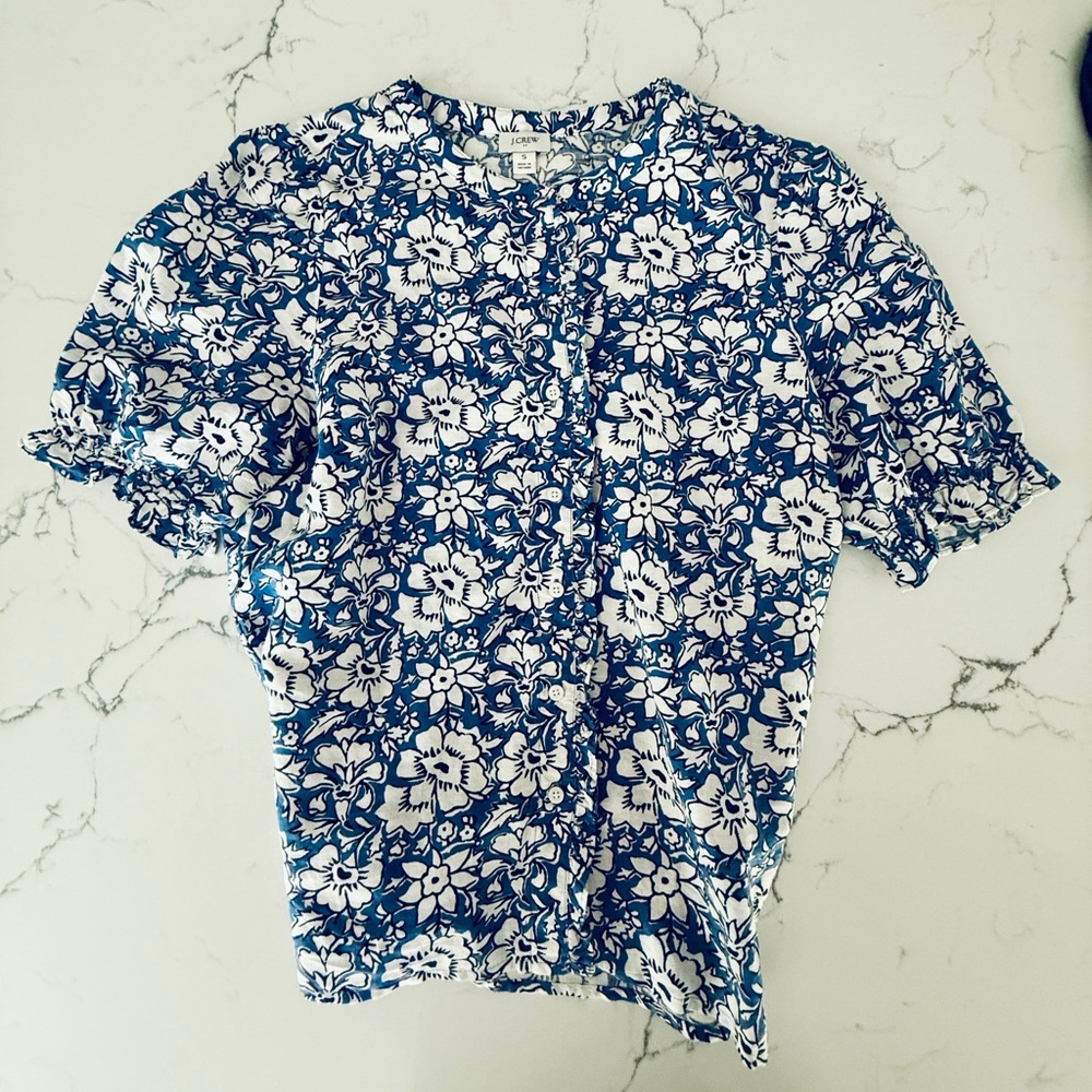 J. Crew Linen Navy and White Floral Button-Front Blouse